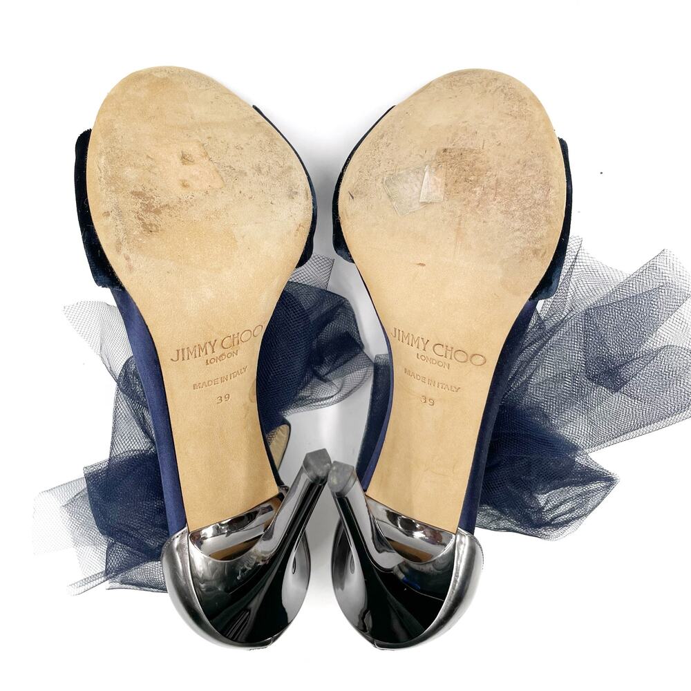 Jimmy Choo Navy Blue and Silver Tulle Ankle-Tie Stiletto Sandals - Picture 11 of 14